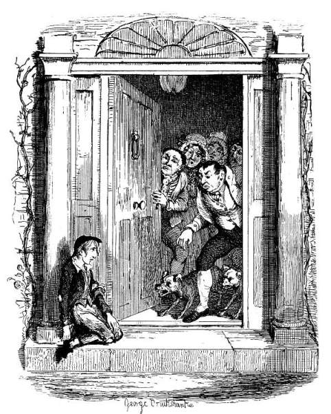 Oliver Twist at Mrs. Maylie's door, George Cruikshank