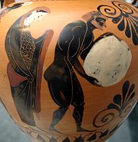 Persephone supervising Sisyphus in the Underworld