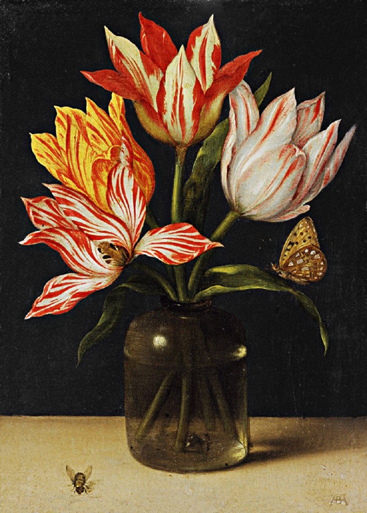 Ambrosius Bosschaert the Elder (Dutch Baroque Era Painter, 1573-1621) Glass with Four Tulips 1615  