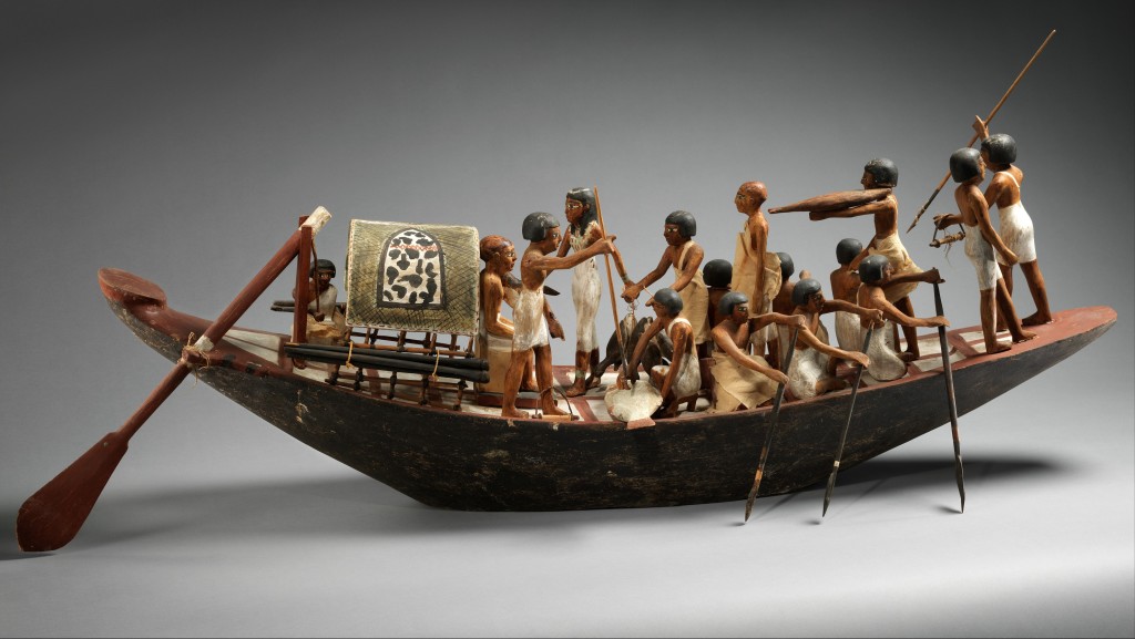 Sporting Boat, ca. 1981–1975 B.C. Egyptian, Middle Kingdom Plastered and painted wood, linen, linen twine, copper; Boat with rudder and paddles: L. 121.7 cm (47 15/16 in.); H. 34.3 cm (13 1/2 in.); W. 30.6 cm (12 1/16 in.) Hull: L. 112.5 cm (44 5/16 in.); W. 23.7 cm (9 5/16 in.) The Metropolitan Museum of Art, New York, Rogers Fund and Edward S. Harkness Gift, 1920 (20.3.6) http://www.metmuseum.org/Collections/search-the-collections/544126